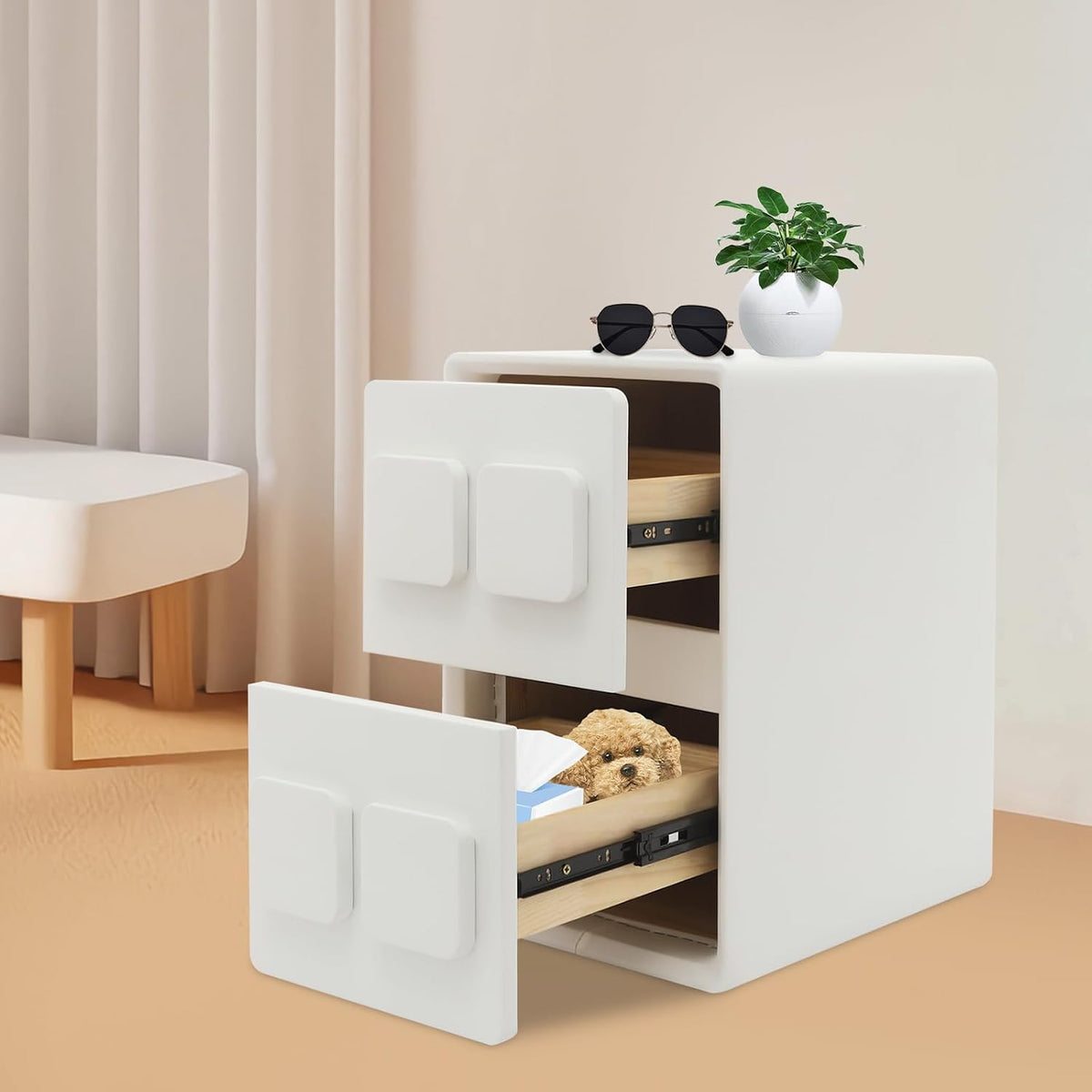 Modern Minimalist End Table, with 2 Drawers Bedside Table, Bedside Nightstand for Bedroom, Living Room, Office, 15.75x11.81x19.69 Inches (White)