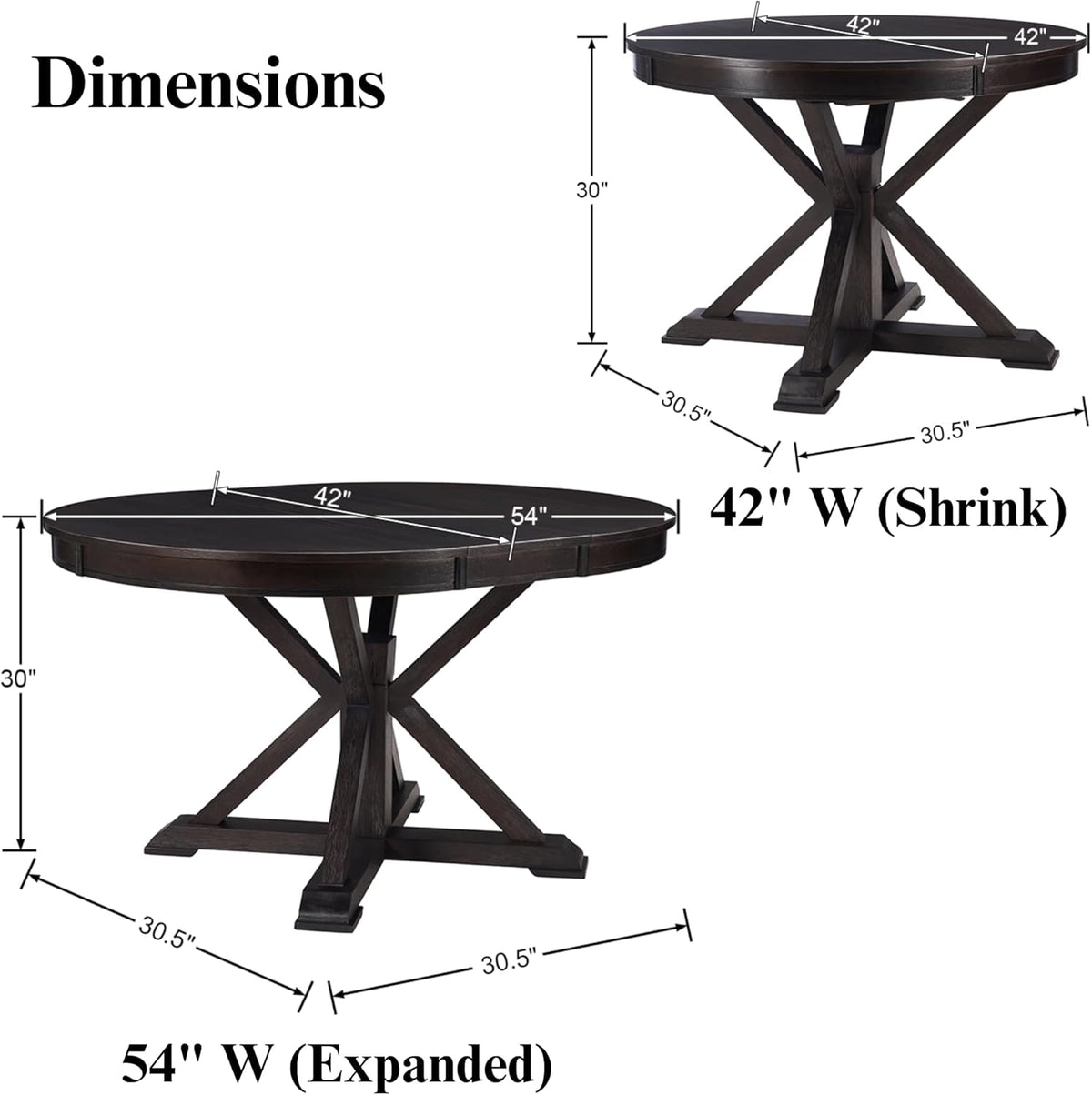 42"-54" Extendable Dining Table for 4-6 People Farmhouse Round/Oval Dining Room Table Solid Wood Kitchen Table with Cross Base (Dark Brown)