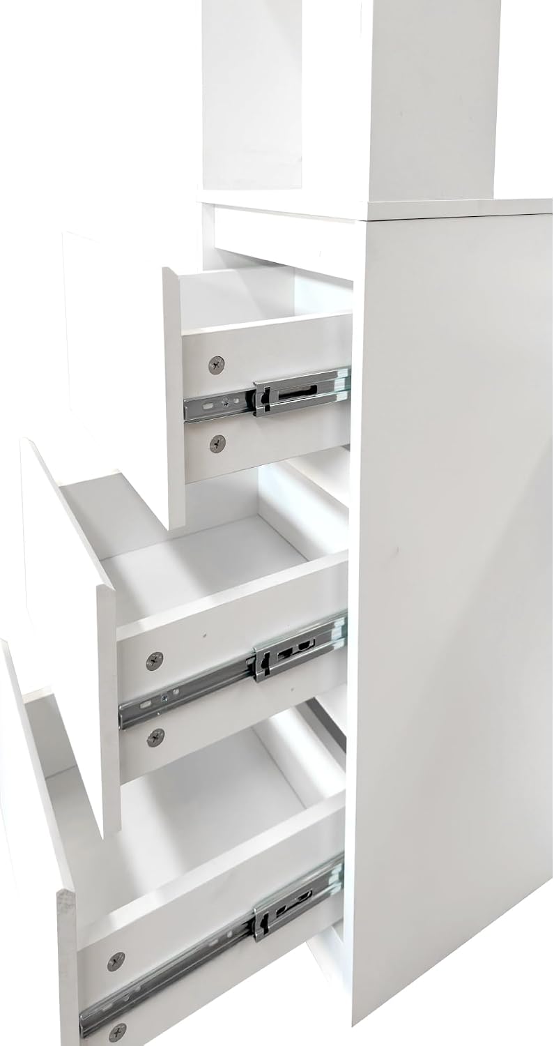 Modern 70.87" Tall Storage Cabinet with 5 Drawers, Glass Doors and Display Shelves, Freestanding Kitchen Pantry Cabinet with Microwave Space for Living Room, Dining Room, Hallway, White