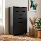 Furnifact Black Tall Mobile Storage Cabinet with Bins and Drawers, Rolling Organizer, Contemporary Style, Ideal for Pantry and Home Organization