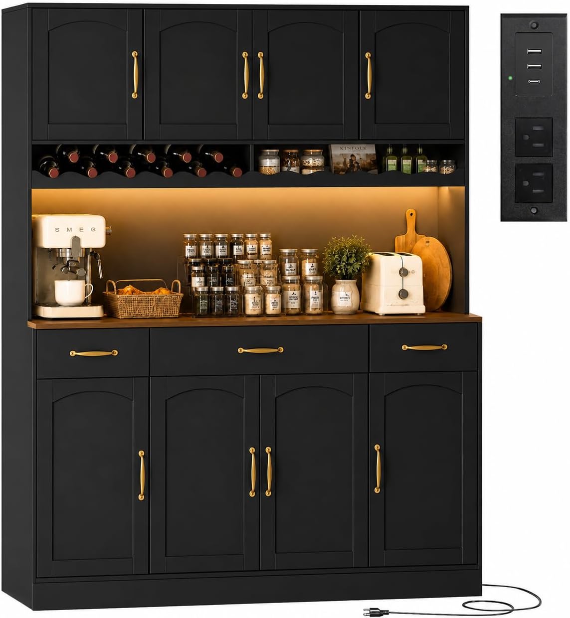 Black 72" Tall Kitchen Pantry Cabinet with Charging Station 55" Wide Hutch Cabinet with LED Light and Countertop Large Kitchen Cabinet with Adjustable Shelves and Wine Rack