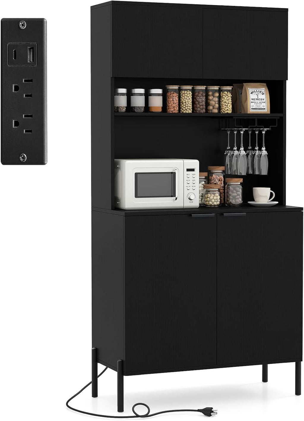 LOKO 64.5” Tall Kitchen Pantry Cabinet, Buffet Sideboard with Charging Station, Modern Wine Bar Cabinet with Wine Glass Rack, Kitchen Hutch Cupboard for Dining Room, Living Room (Black)
