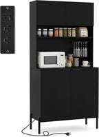LOKO 64.5” Tall Kitchen Pantry Cabinet, Buffet Sideboard with Charging Station, Modern Wine Bar Cabinet with Wine Glass Rack, Kitchen Hutch Cupboard for Dining Room, Living Room (Black)