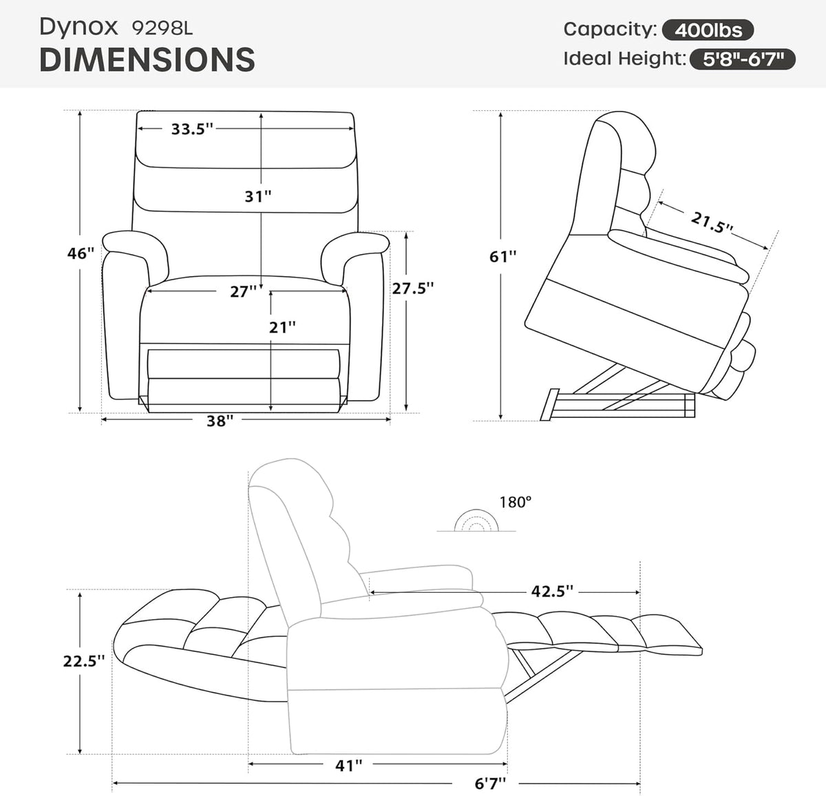 DYNOX 400 LBS Genuine Leather Big Tall Man Large-Wide Power Dual Motor Lift Recliners Chairs for Elderly, Lay Flat with Heat, Massage & Extended Footrest(9298L,Camel)