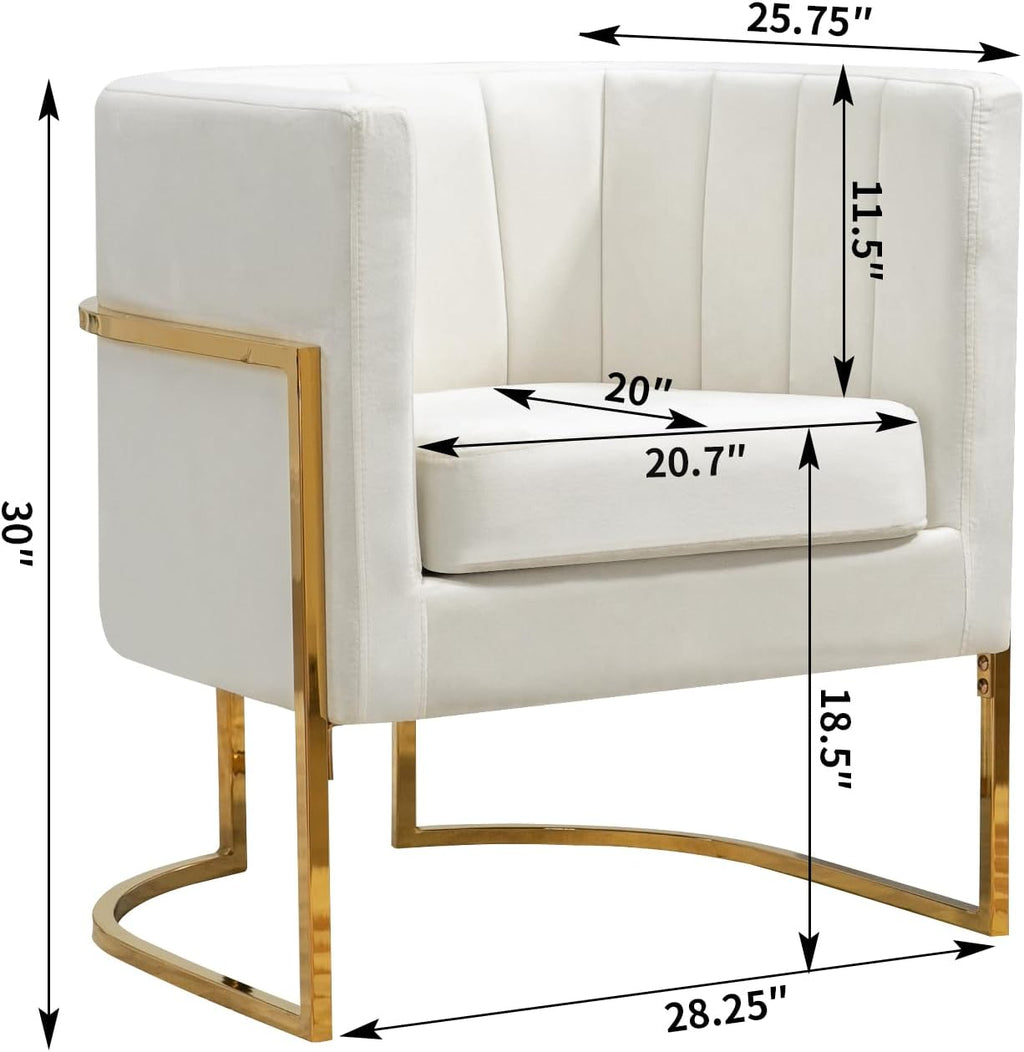Velvet Accent Chairs Set of 2, Mid Century Modern Upholstered Barrel Armchair with Pillow for Living Room, Comfy Single Club Chair with Metal Gold Legs for Bedroom, White