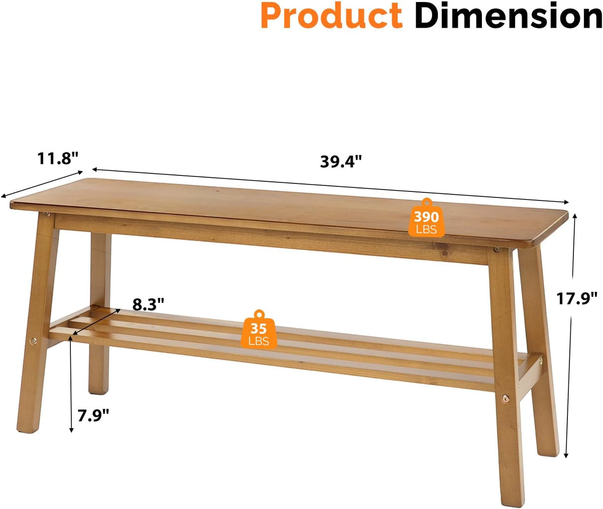 VINGLI Solid Wood Dining Bench 39" Wooden Bench for Entryway, Bedroom, Kitchen & Living Room, with Shoe Rack Storage, Light Brown
