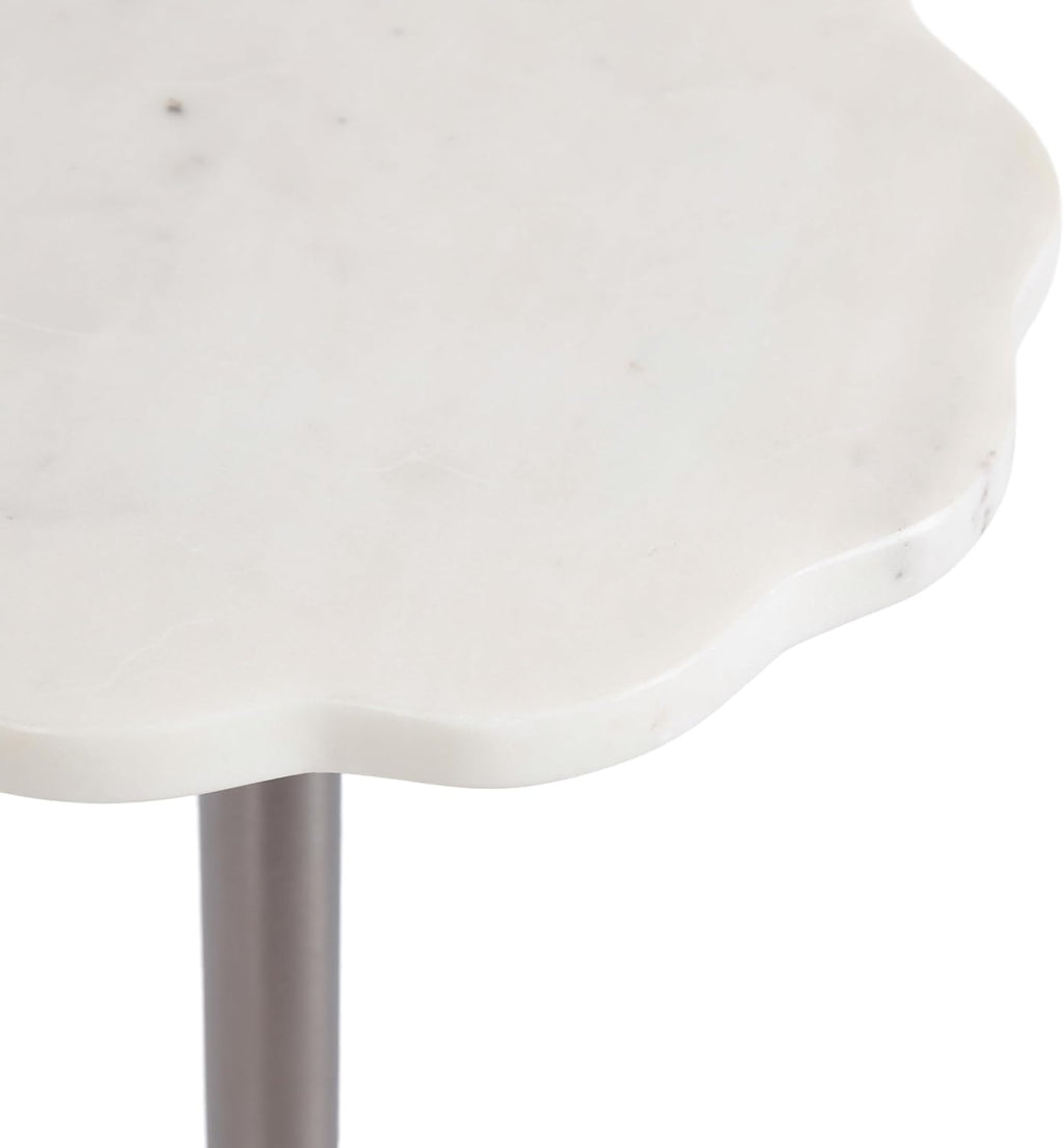 Kate and Laurel Sanzo Modern Pedestal Drink Table, 10 x 10 x 23, White Marble and Silver, Decorative End Table with Scalloped Marble Tabletop for Use as Small Plant Stand or Cute Martini Table