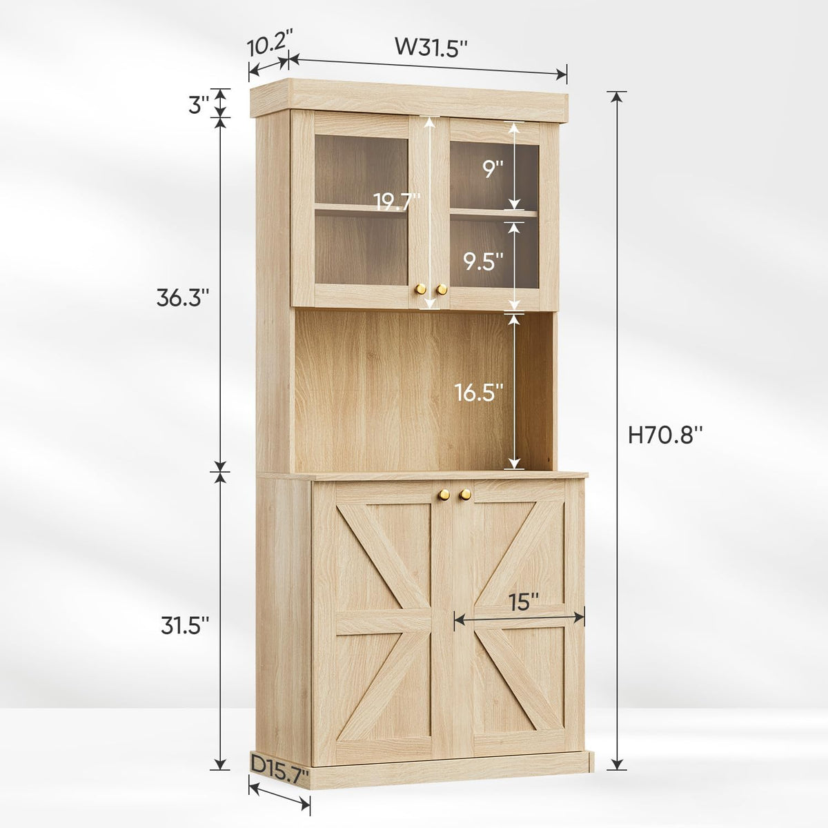 Vyre 71" Farmhouse Pantry Cabinet Set of 2, Rustic Brown Freestanding Coffee Bar Hutch with Glass Doors & Adjustable Shelves, Microwave Stand for Kitchen, Living Room