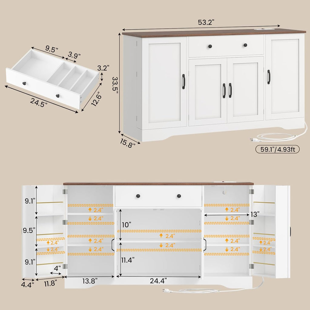 Brinlawb Buffet Cabinet with Storage & Charging Station, 53" Farmhouse Coffee Cabinet with Compartment Drawer, Sideboard Cabinets with Door and Adjustable Shelves for Kitchen, White