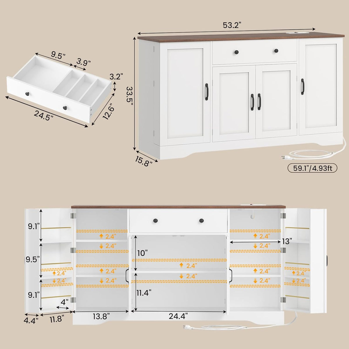 Brinlawb Buffet Cabinet with Storage & Charging Station, 53" Farmhouse Coffee Cabinet with Compartment Drawer, Sideboard Cabinets with Door and Adjustable Shelves for Kitchen, White