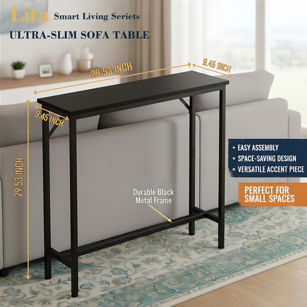 LITA Console Table, 29.5" Narrow Entryway & Thin Sofa Table for Behind Couch, Accent Table for Hallway, Living Room & Bedroom, Black