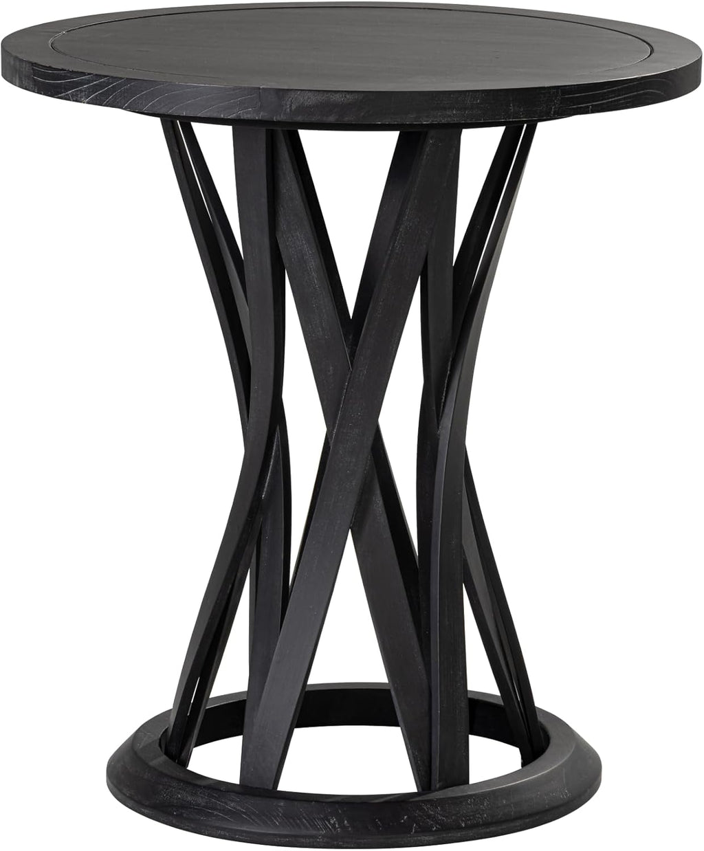 COZAYH Round Farmhouse End Table with Crisscross Pedestal Base, Distressed Finish Side Table Rustic Accent Table for Living Room, Pine Wood, Black