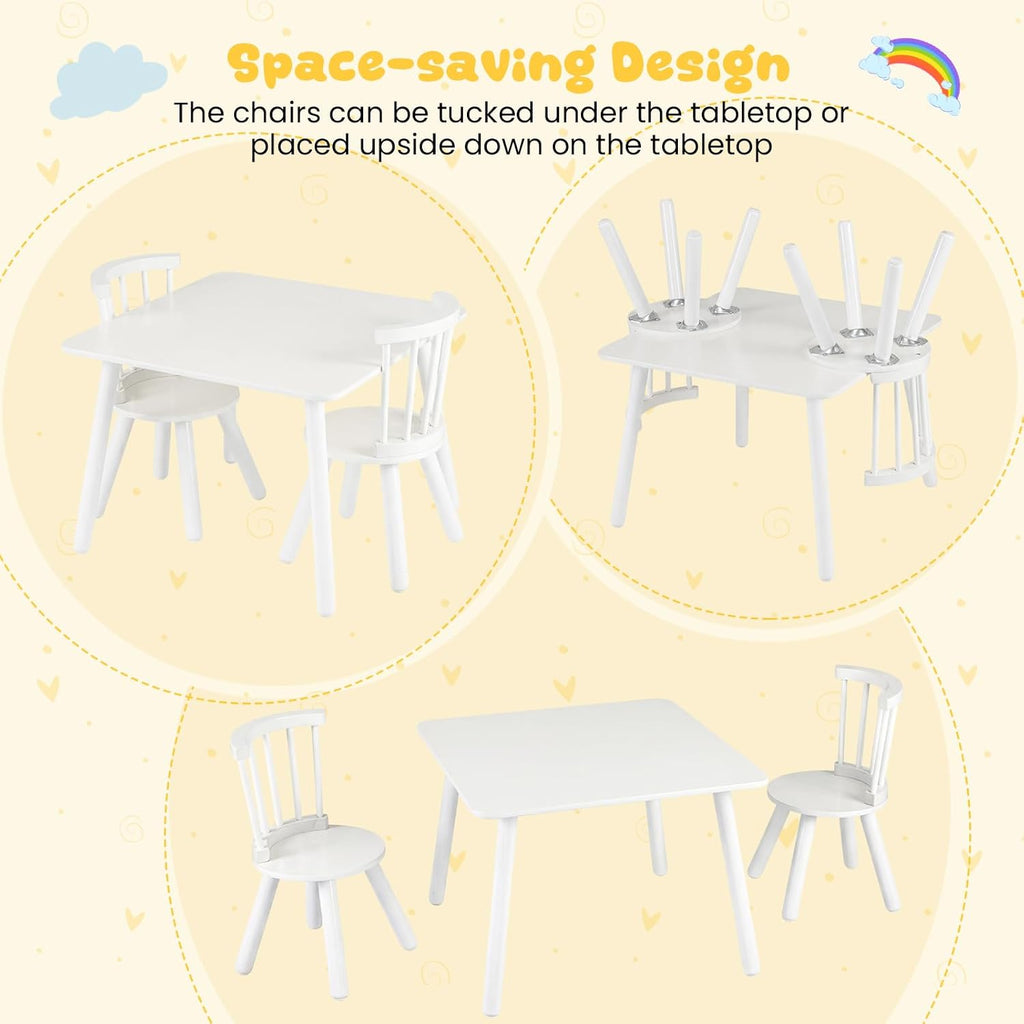 GLACER Kids Table and Chairs, 3-Piece Wooden Activity Table and Chair Set with Pine Legs & Windsor Back for Play, Reading & Learning, Playroom Nursery Furniture for Boys and Girls Ages 3+ (White)