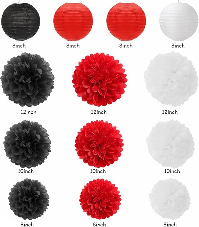 Red-Black White Party-Decorations Paper-Flowers Lanterns - 20PCS Halloween Tissue Pom Poms Streamers Fans Honeycomb, Vintage Baby Shower Birthday Bachelorette Hanging Supplies Decor Burgleda