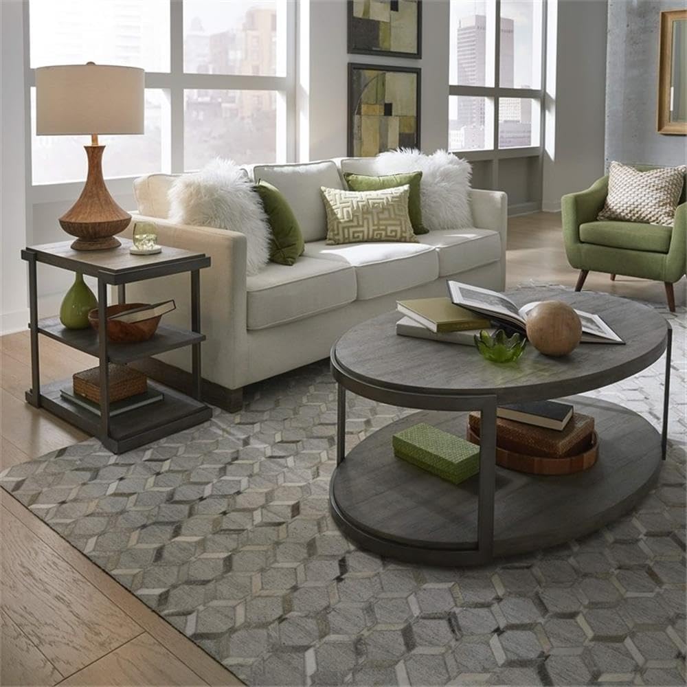Pemberly Row 3-Piece Living Room Table Set, Metal Frame and Gray Wirebrush Finish, Includes Oval Cocktail Table with Casters and 2 Tiered End Tables, Open Shelf Design, Modern Coffee Table Set
