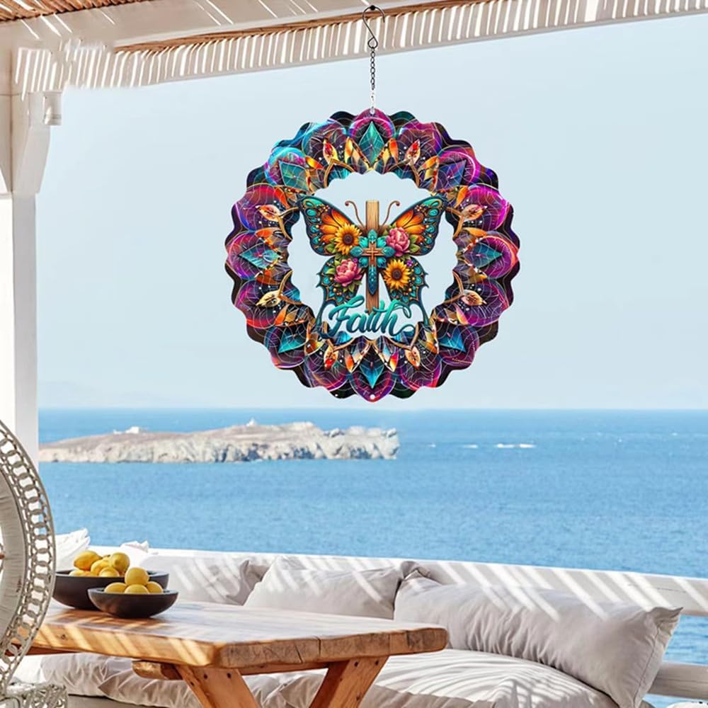 Cross Wind Spinner, Metal Wind Spinners Outdoor/Indoor, Cross Butterfly Hanging Garden Decor for Outside, Stainless Wind Spinners for Yard and Garden 10 inch 3D (25X24.95 CM)