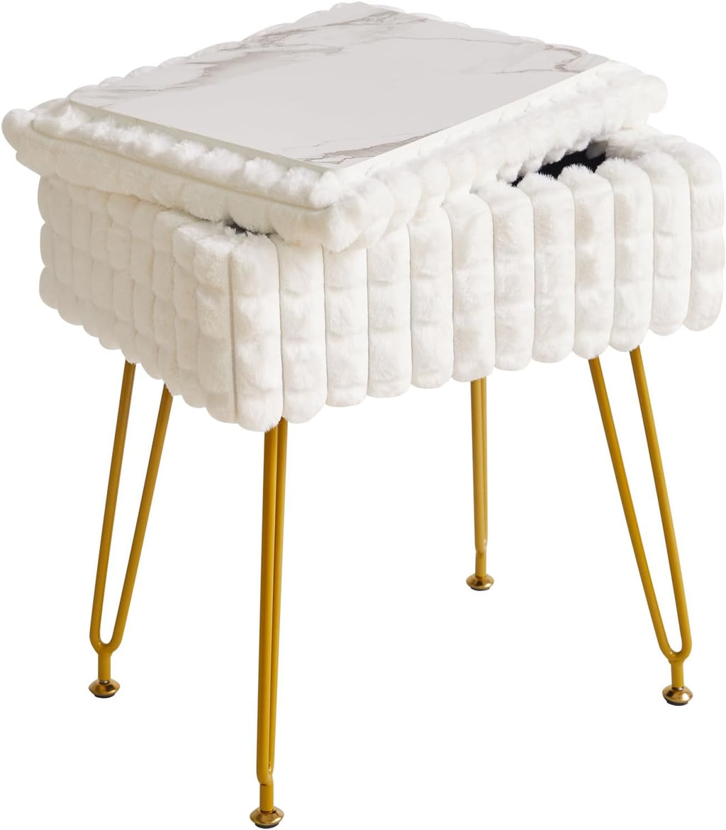 IBUYKE Rectangle Vanity Chair Ottoman, Footrest Stool, White WBD004W | Storage Space Footstool Vanity Stool Dressing Table Chair Anti-Slip Feet Makeup Room Bedroom Square Grid Pattern