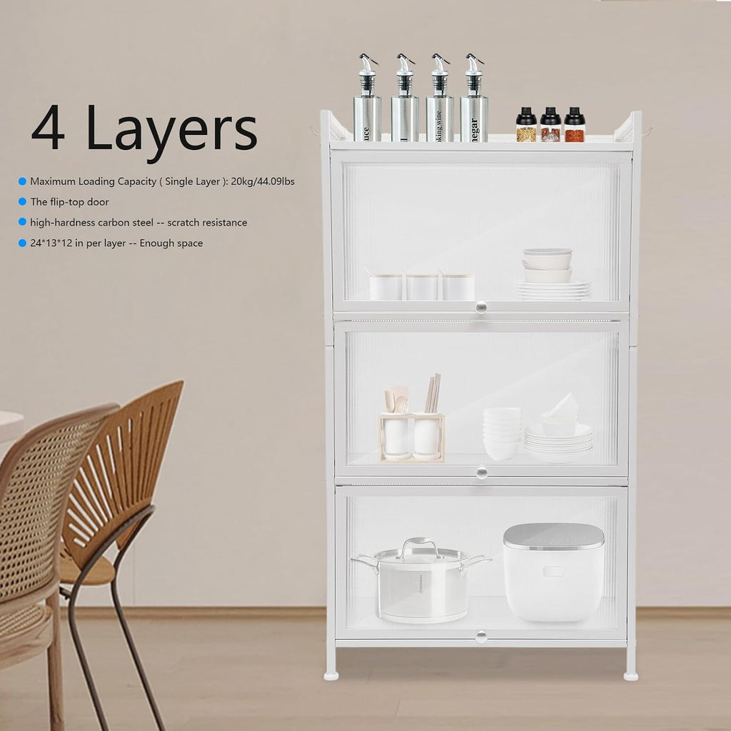 Kitchen Sideboard Pantry Cabinets with Hooks, 4 Tier Kitchen Organizer Shelf for Dishes, Wine, Pots and Pans with 4 Hooks, Modern Food Pantry Cabinets with Drawer for Kitchen Dining Living Room, White