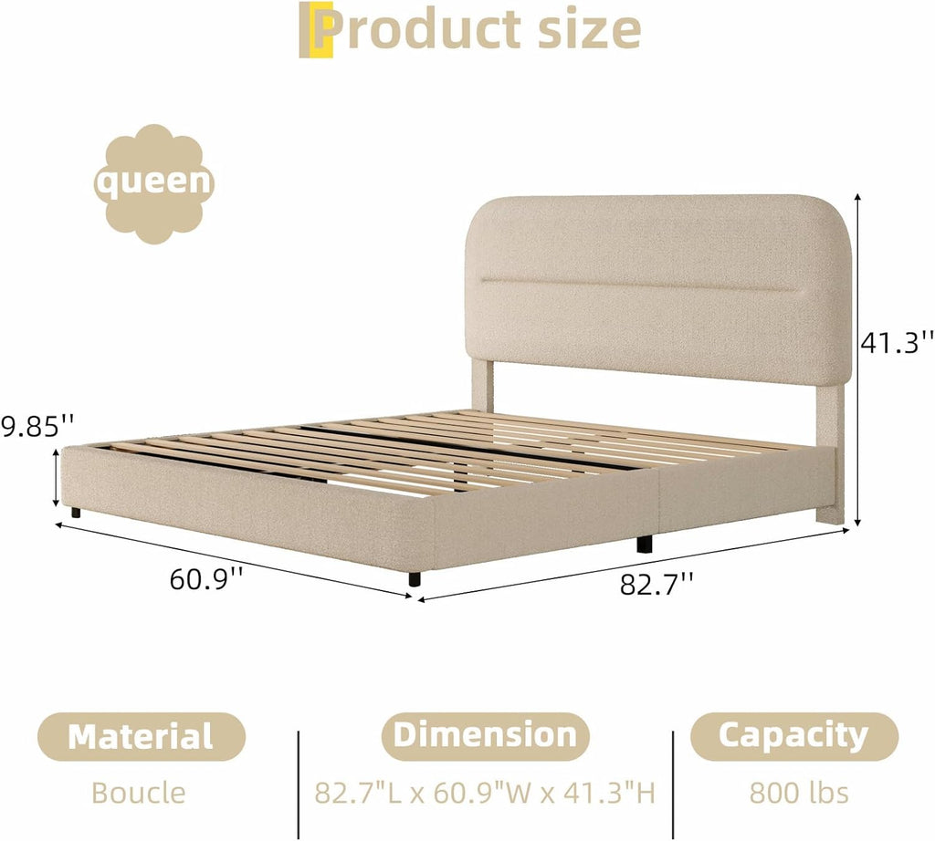 HOMBCK Queen Size Cloud Bed Frame, Beige Plush Boucle Upholstered Bed