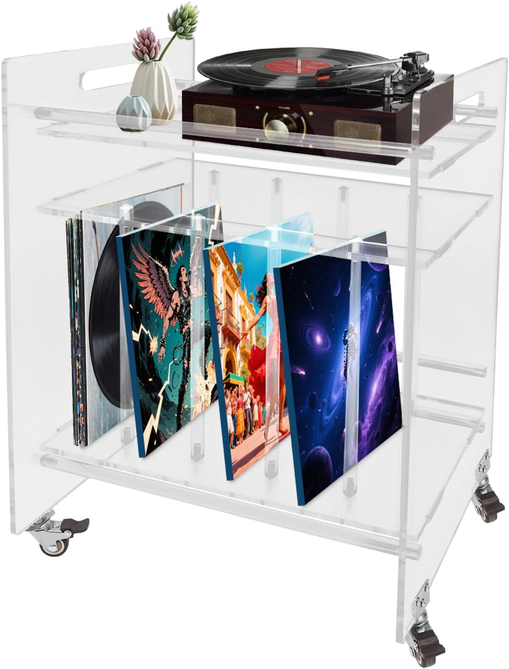 Acrylic Record Player Stand, 3 Tier Clear Record Player Stand with Wheels, Record Storage Side Table for Living Room, Bedroom, Office