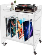 Acrylic Record Player Stand, 3 Tier Clear Record Player Stand with Wheels, Record Storage Side Table for Living Room, Bedroom, Office