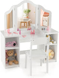 HONEY JOY Kids Vanity, Little Girls Vanity Set with Mirror and Stool, Storage Shelves, Wooden Princess Makeup Dressing Table, Toddler Vanity, Pretend Play Kids Vanity Table and Chair Set (White)
