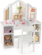 HONEY JOY Kids Vanity, Little Girls Vanity Set with Mirror and Stool, Storage Shelves, Wooden Princess Makeup Dressing Table, Toddler Vanity, Pretend Play Kids Vanity Table and Chair Set (White)