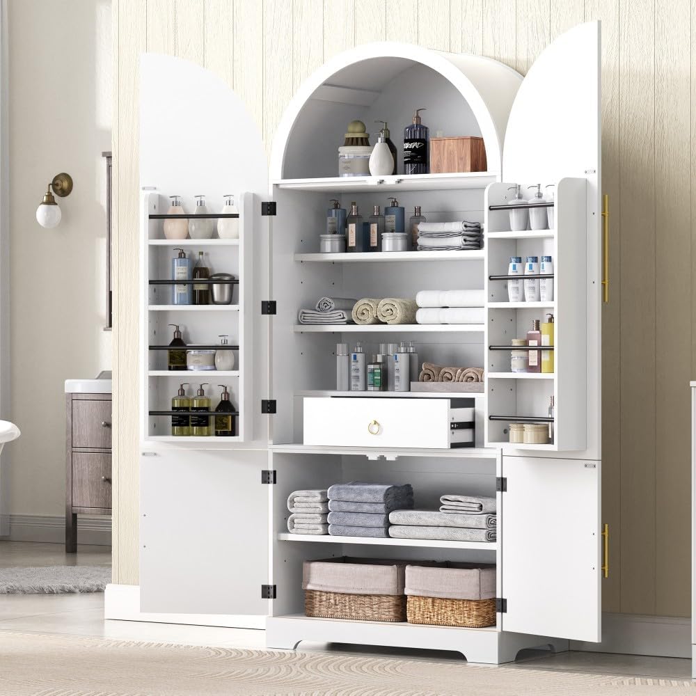 72" Tall Arched Kitchen Pantry Cabinet, Fluted Storage Cabinet with 8 Door Shelves, 3 Adjustable Shelves & Hidden Drawer for Kitchen Dining Bathroom (White)