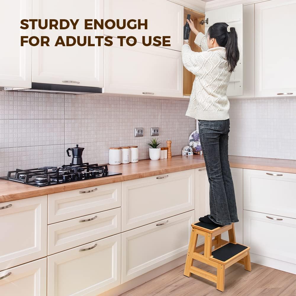 StrongTek Wood 2 Step Stool for Adults, 17.5 in, 500 lb, Non-Slip | Wide Non-Slip Treads, 500 lb Capacity, Heavy-Duty, Kitchen, Closet, Bedside and Everyday Home Reach