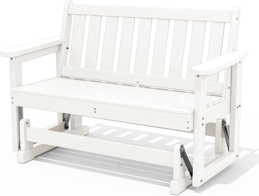 SERWALL 2 Person Patio Glider Bench, HDPE All Weather Swinging Bench, White