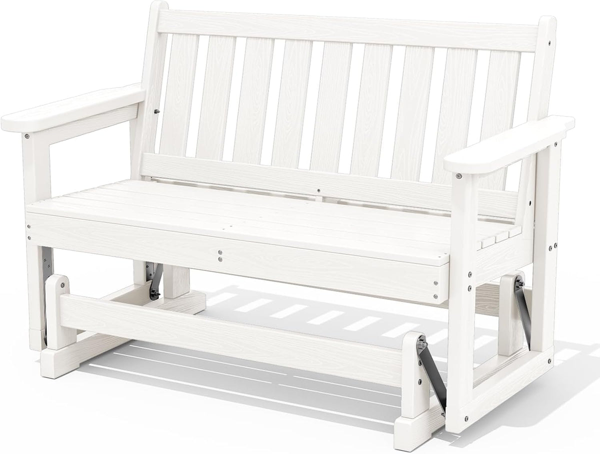 SERWALL 2 Person Patio Glider Bench, HDPE All Weather Swinging Bench, White