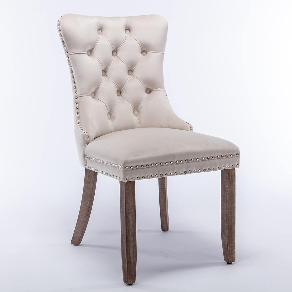 Bellemave Modern Upholstered Dining Chairs Set of 2, 2 Velvet Kitchen Dining Room Chairs with Nailhead Trim for for Living Room, Bedroom,(Beige, Wood Legs)