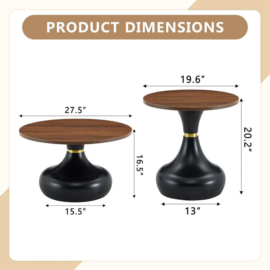 Nesting Coffee Table Set of 2, Modern Rustic Round Wood Center Table Set | French Luxury Circle Tea Table Set with Pedestal Base for Living Room, Apartment, Bedroom, Reception Room, Black and Walnut