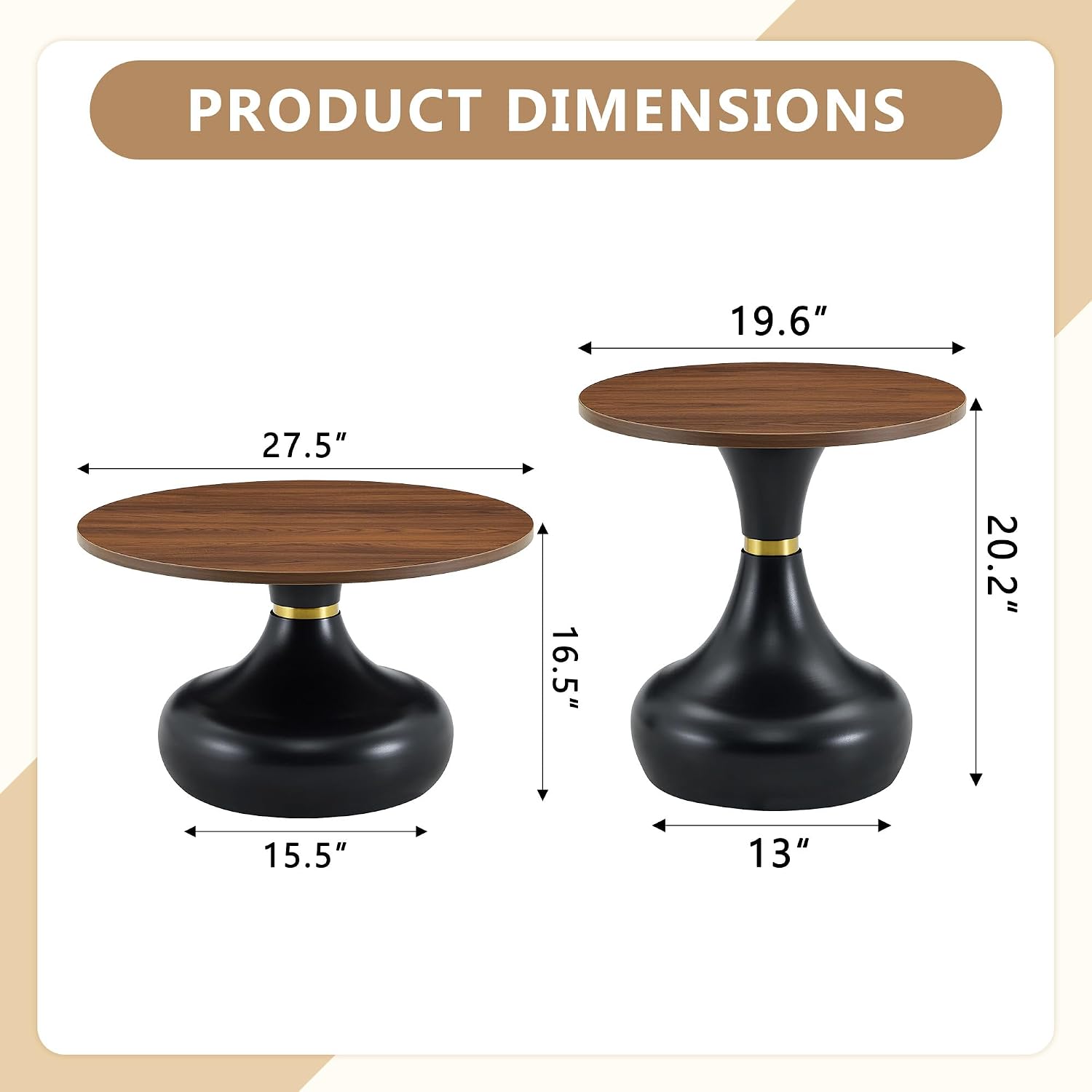 Nesting Coffee Table Set of 2, Modern Rustic Round Wood Center Table Set | French Luxury Circle Tea Table Set with Pedestal Base for Living Room, Apartment, Bedroom, Reception Room, Black and Walnut