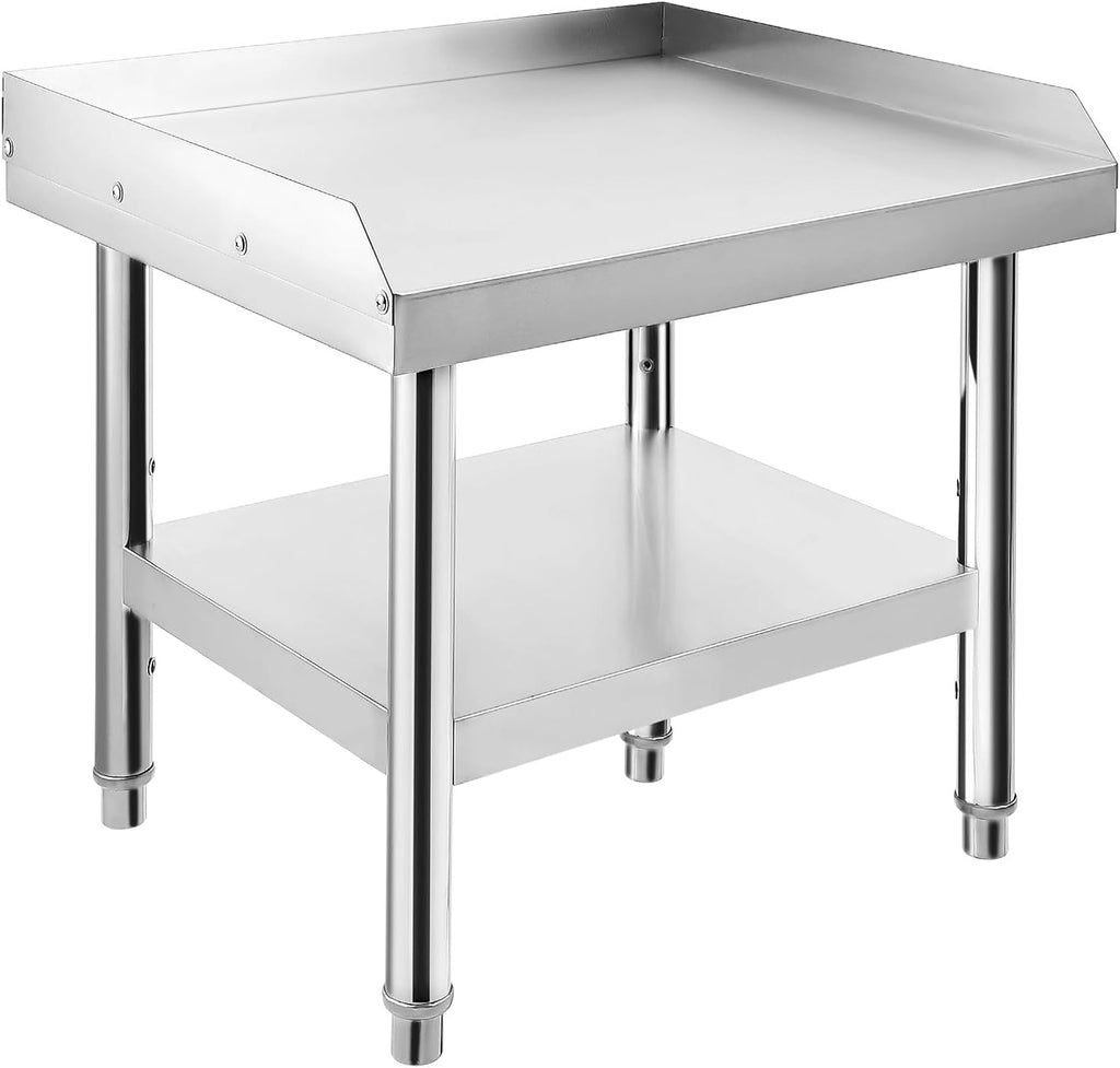 Stainless Steel 24x24x24 Inch Equipment Grill Stand Table, 660 Lbs Top & Bottom Shelf, Adjustable Legs, 2" Edge Baffle, for Hotel, Home, Commercial Restaurant Kitchen