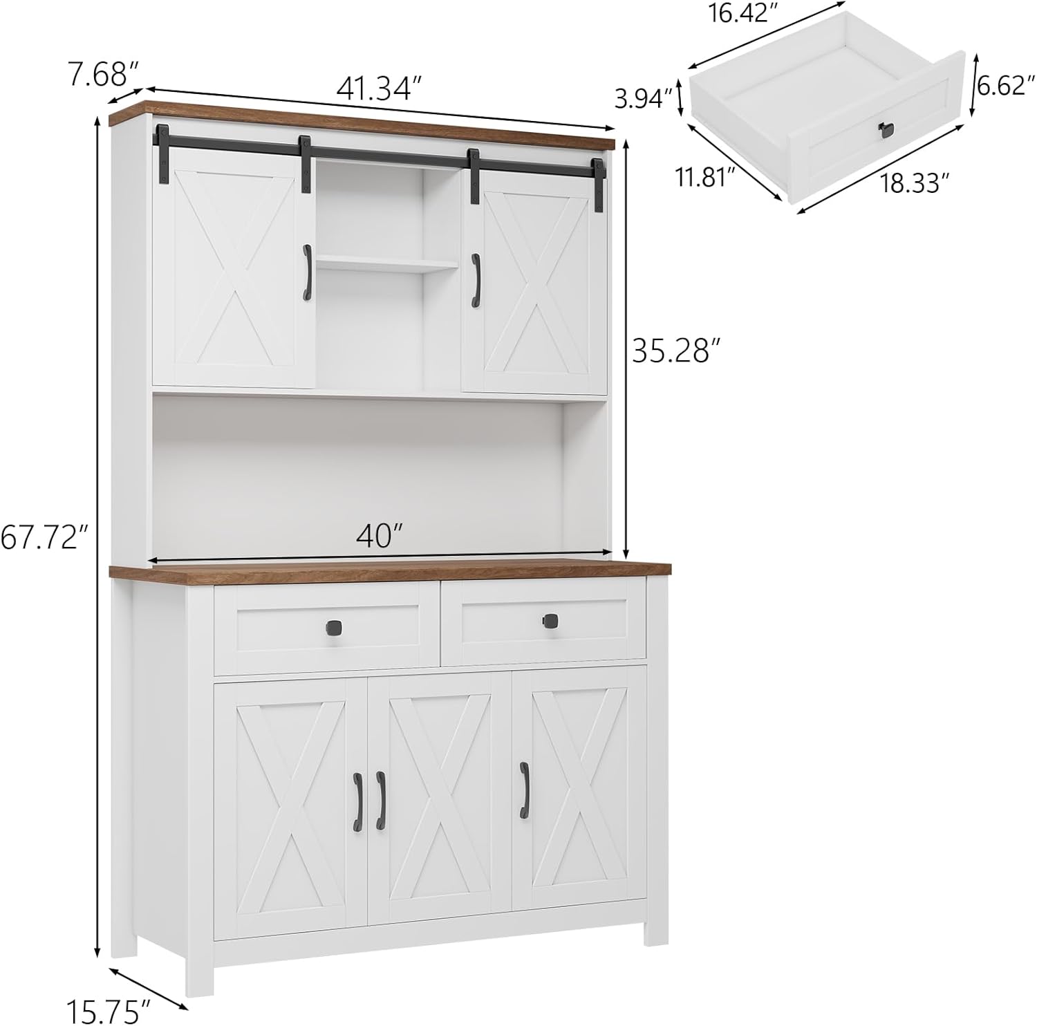 Vabches 67.7 Inch Farmhouse Pantry Storage Cabinet with Sliding Barn Doors, 2 Drawer Farmhouse Coffee Cabinet with Adjustable Shelf, Side Board with Buffet Cupboard for Kitchen, Livingroom, White