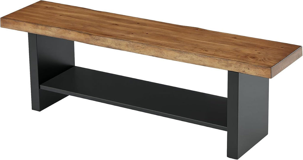 55" Solid Wood Bench with Shoe Storage, 2-Tier Farmhouse Entryway Bench, Narrow Rustic Brown Bench for Bedroom, Hallway