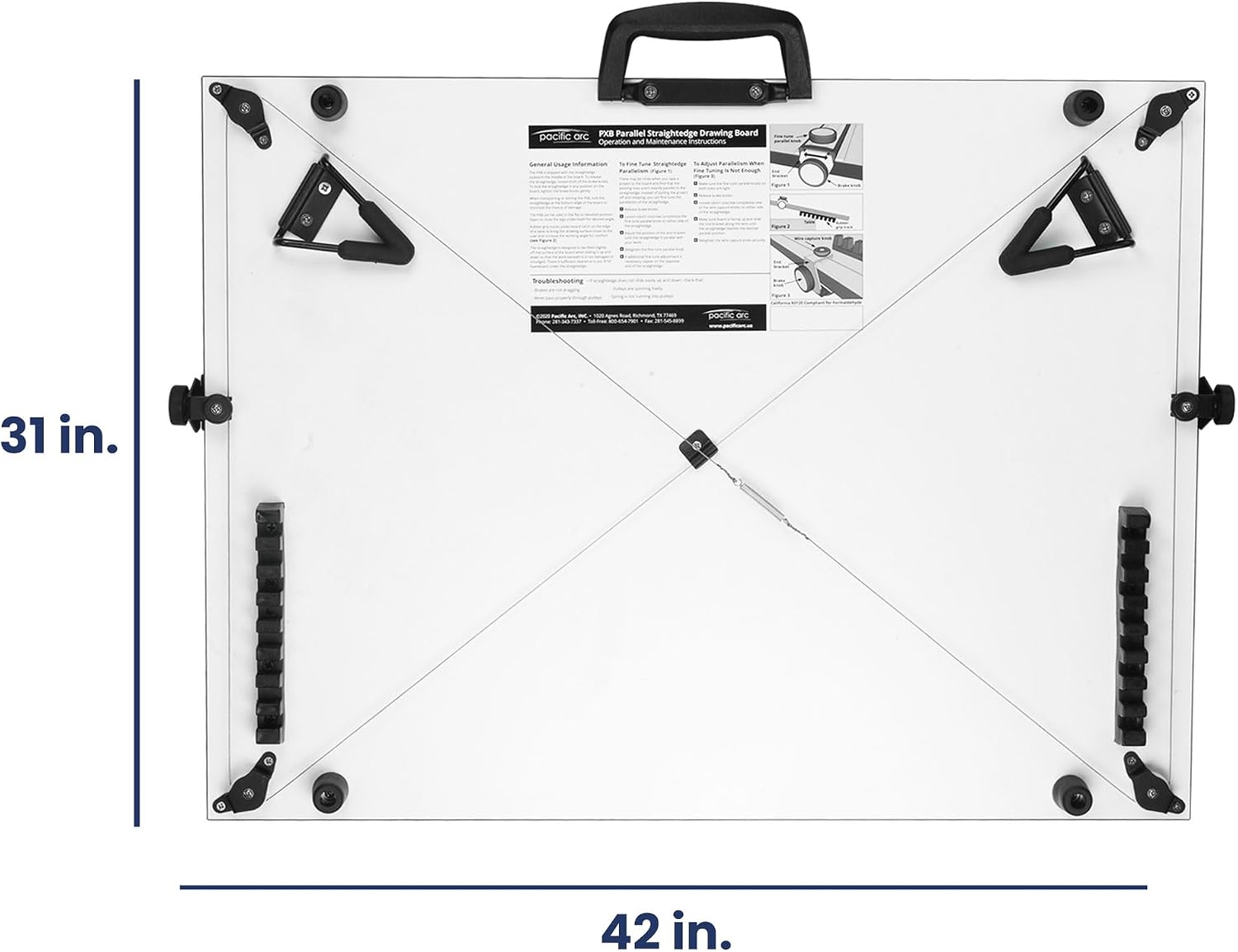 Pacific Arc Table Top Drawing Board with Parallel Bar, White, 30 inches by 42 inches