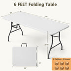 6FT Folding Table 6 Pack, Heavy Duty Fold in Half Plastic Tables with Carry Handle, Portable Indoor Outdoor Utility Table for Party, Picnic, Camping, Banquet, Wedding, RV Travel