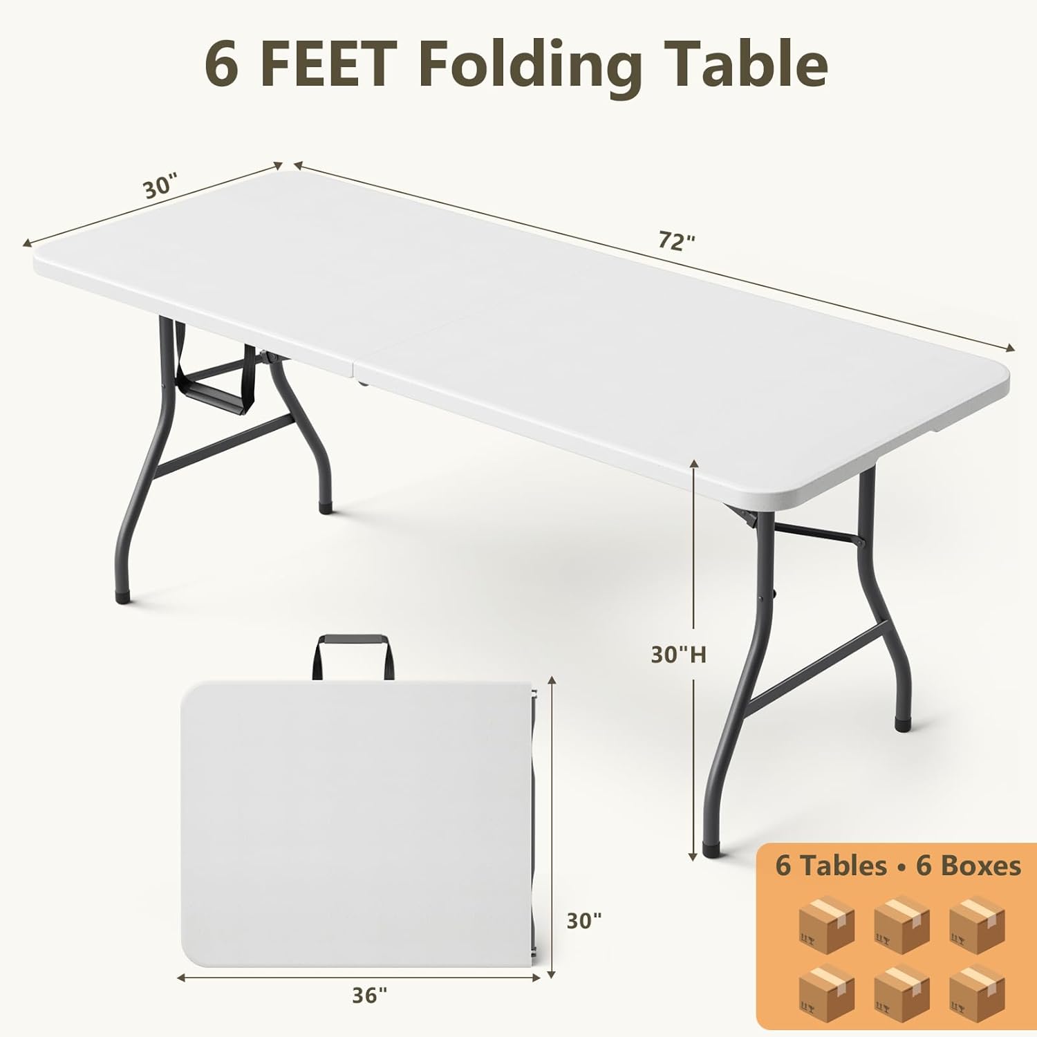 6FT Folding Table 6 Pack, Heavy Duty Fold in Half Plastic Tables with Carry Handle, Portable Indoor Outdoor Utility Table for Party, Picnic, Camping, Banquet, Wedding, RV Travel