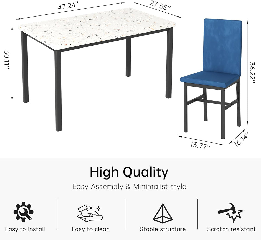 AWQM Dining Table Set for 4, Modern Faux Marble Dining Table Set with 4 Upholstered Velvet Chairs, Dining Room Table Set for Kitchen, Breakfast Nook, Dining Room, Blue