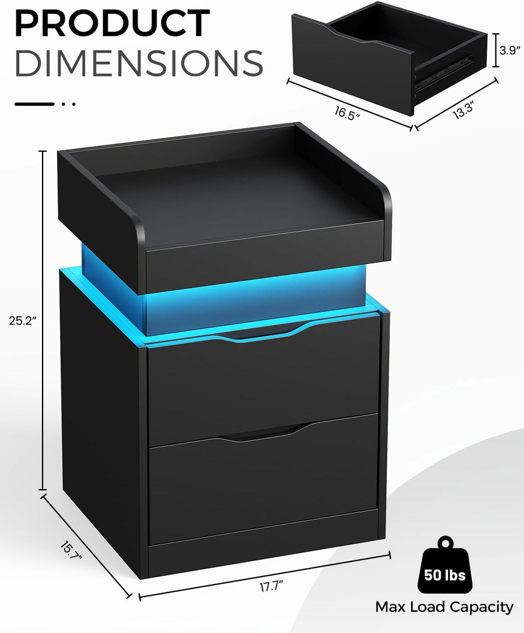 Modern Nightstand with Sliding Top, Night Stand with Charging Station and LED Lights, Bedside Table with 2 Drawers, End Side Table for Bedroom, Living Room, Office, Black