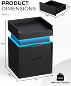 Modern Nightstand with Sliding Top, Night Stand with Charging Station and LED Lights, Bedside Table with 2 Drawers, End Side Table for Bedroom, Living Room, Office, Black