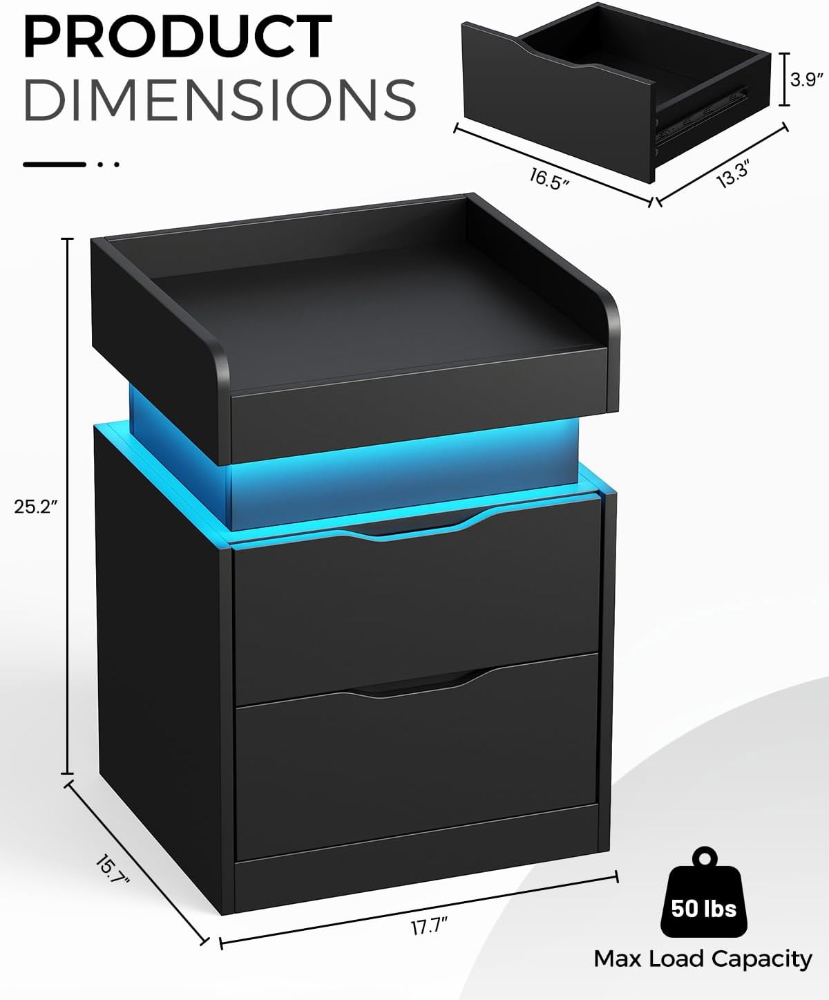 Modern Nightstand with Sliding Top, Night Stand with Charging Station and LED Lights, Bedside Table with 2 Drawers, End Side Table for Bedroom, Living Room, Office, Black