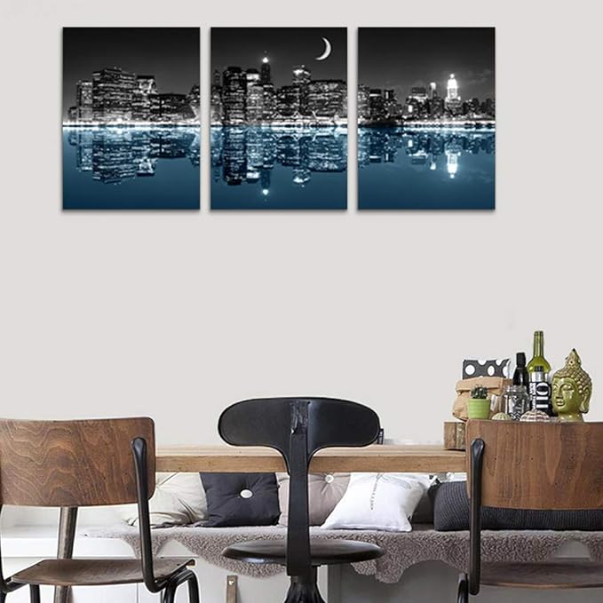Wall Decor For Living Room Canvas Wall Art For Bedroom Black And White City Luminous Paintings Modern 3 Piece Framed Room Canvas Art Prints Ready To Hang Office Pictures For Home Decoration Artwork
