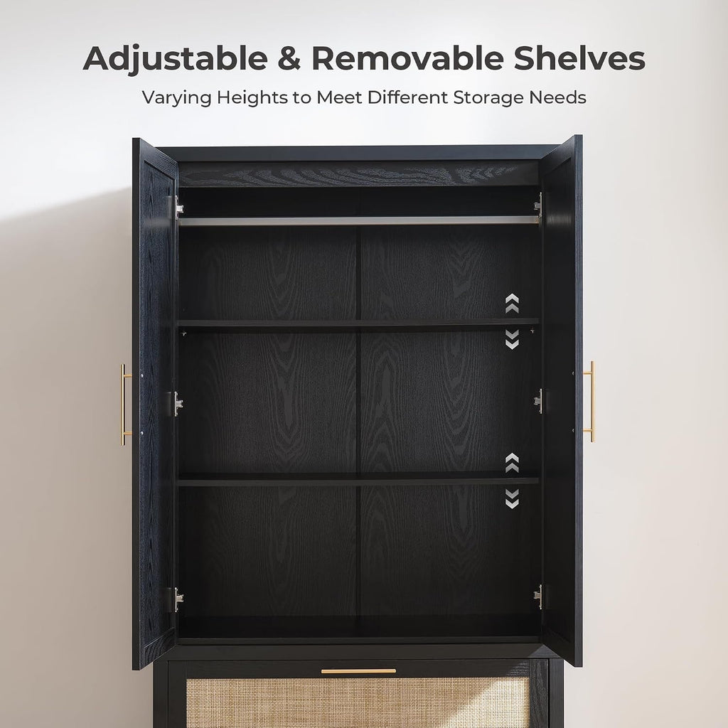 SICOTAS Rattan Armoire Wardrobe Closet, 71 inch Boho Wardrobe with Drawers | Farmhouse Storage Cabinet Armoire with Hanging Rod, Large-Capacity Deep Armoire Clothes Organizer for Bedroom, Cloak Room