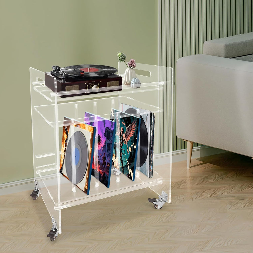 Acrylic Record Player Stand, 3 Tier Clear Record Player Stand with Wheels, Record Storage Side Table for Living Room, Bedroom, Office