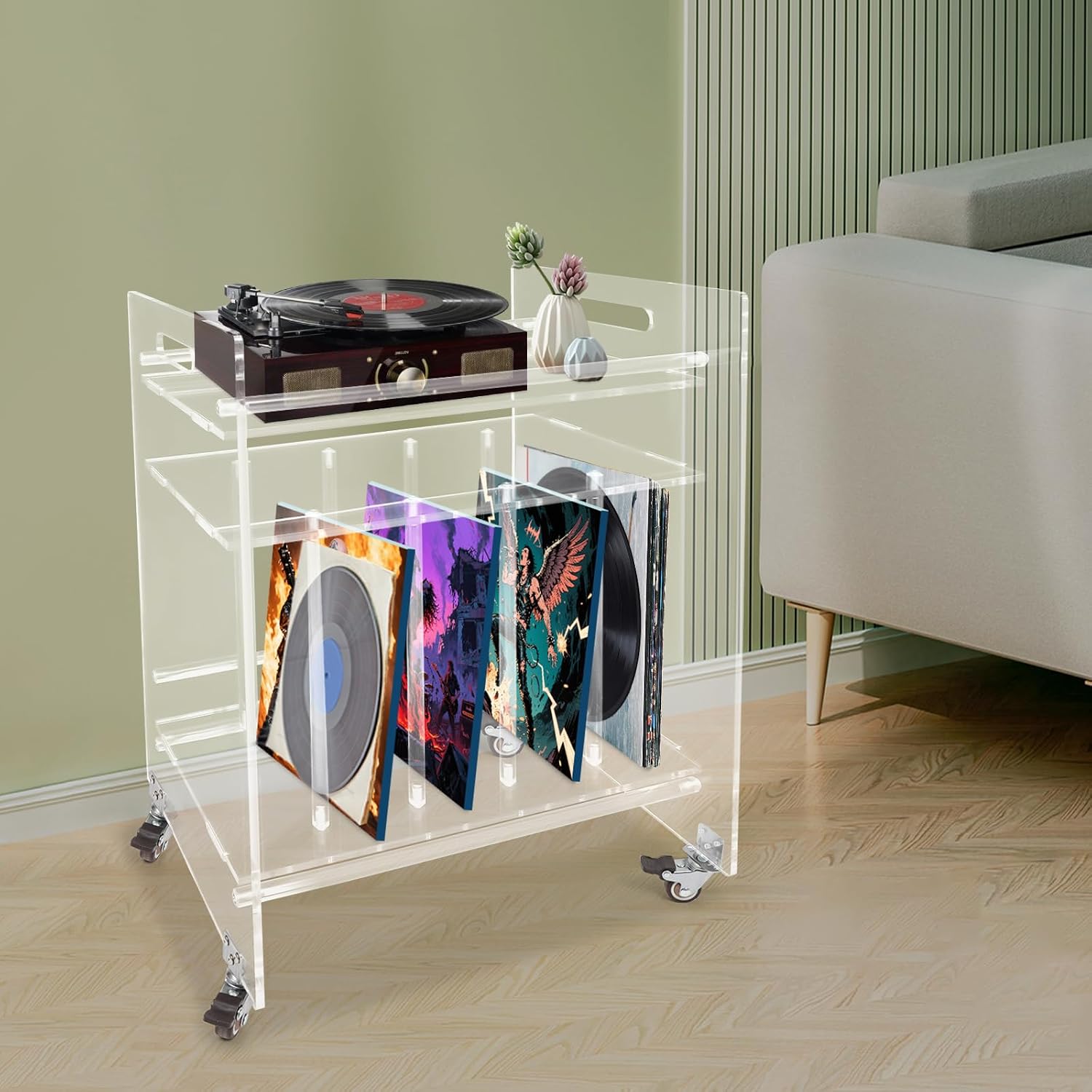 Acrylic Record Player Stand, 3 Tier Clear Record Player Stand with Wheels, Record Storage Side Table for Living Room, Bedroom, Office