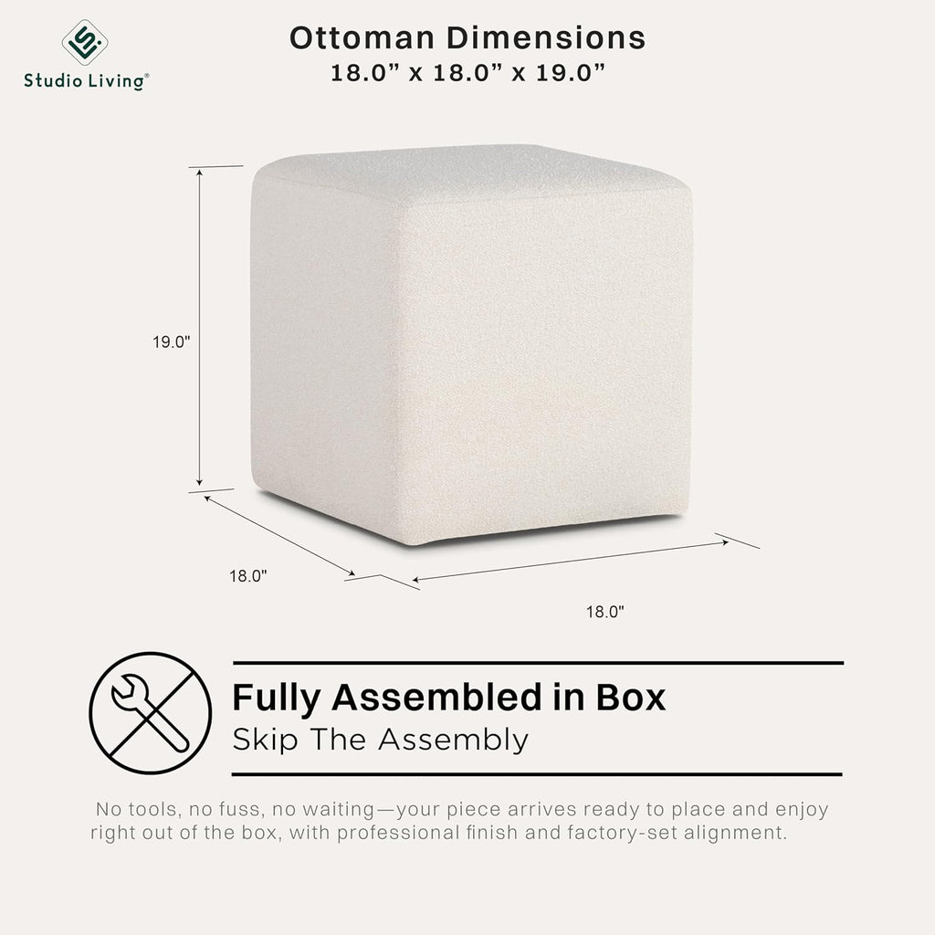 Studio Living Warren 18" Cube Ottoman, Urban Transitional, Fully Assembled, Soft Boucle Fabric, Snow