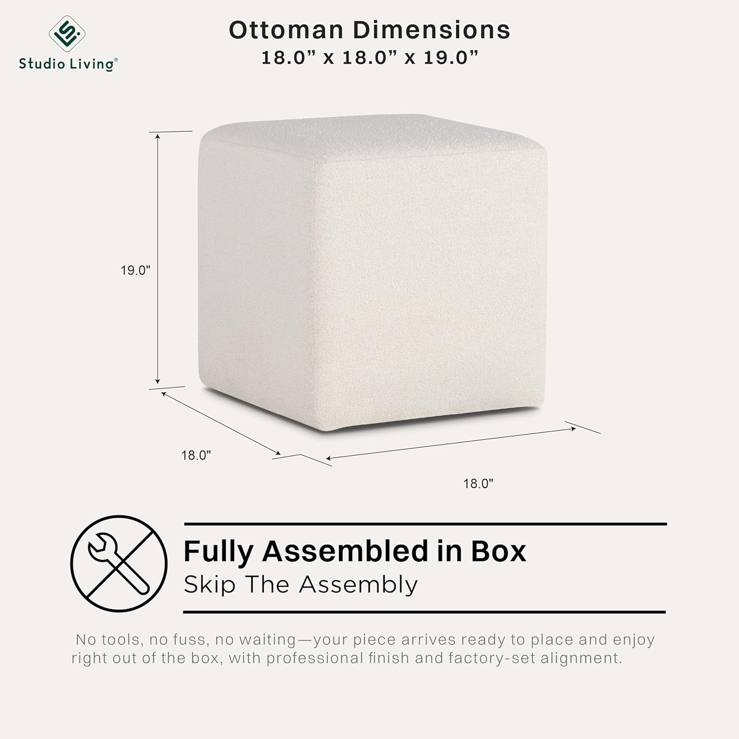 Studio Living Warren 18" Cube Ottoman, Urban Transitional, Fully Assembled, Soft Boucle Fabric, Snow